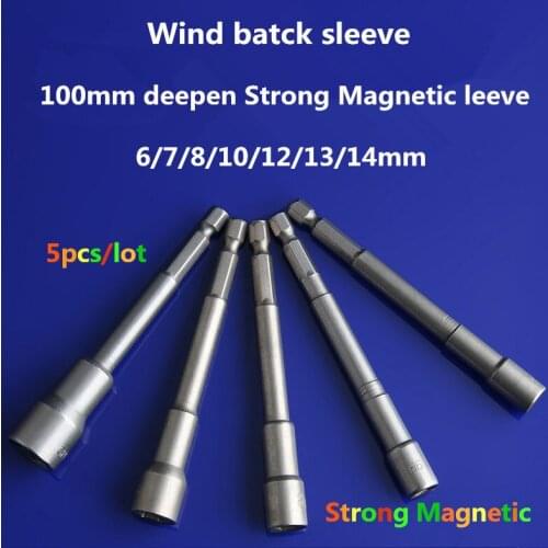 5pcs/lot 100mm Hexagon Socket 6/7/8/10/12/13/14mm Strong magnetic Wind batch sleeve Electric screw nut wrench Free shipping