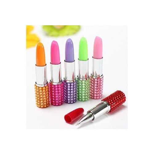 6PCS/LOT Multi-Color Rhinestone Crystal Lipstick Shape Stationery Ball Point Pen Blue Ink Cute Lovely Pattern Pens Women Girl