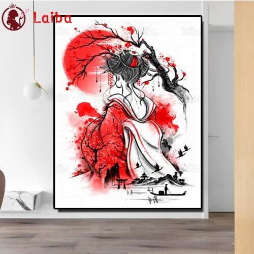 DIY Diamond Embroidery abstract woman Back view 5d Full diamond painting Cross Stitch Mosaic red sun landscape Japanese painting