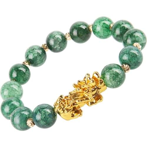 Mens and Womens Stone Bead Bracelets Unisex Chinese Feng Shui Pixiu Obsidian Wristband Gold Fortune Auspicious Beads String