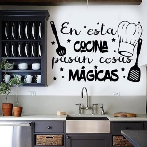 Spanish Magical Things Happen In Kitchen Wall Sticker Resturant Spoon Fork Cocina Chef Family Wall Decal Kitchen