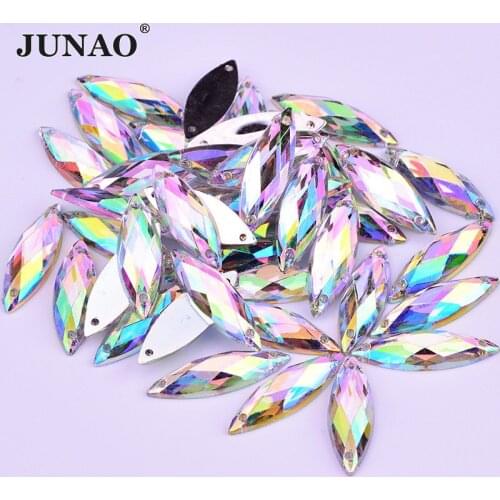 JUNAO 8*26mm Clear AB Color Sewing Acrylic Flatback Rhinestones Horse Eye Strass Crystals Sew On Stones For DIY Clothes Crafts