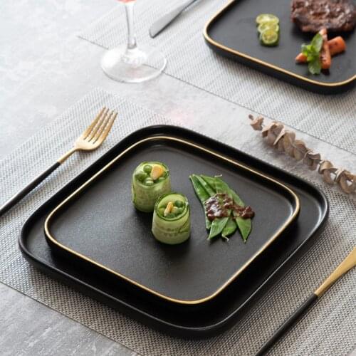 Phnom Penh Ceramic Dinner Plate Western Steak Plate Service Plate Luxury Black Matte Scratch-resistant Square Plates set