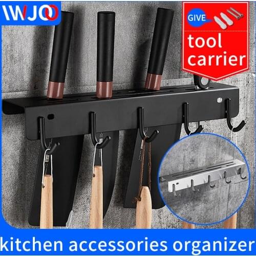 Kitchen shelf wall hook black stainless steel wall mounted Kitchen knife storage rack For kitchen convenience accessories