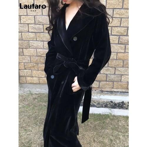Lautaro Winter Long Black Faux Sheared Mink Fur Trench Coat for Women Long Sleeve Belt Double Breasted British Style Fashion