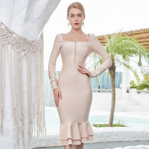 2020 New Summer Women Apricot Bodycon Bandage Dress Sexy Mermaid Long Sleeve Club Celebrity Runway Evening Party Dresses Vestido