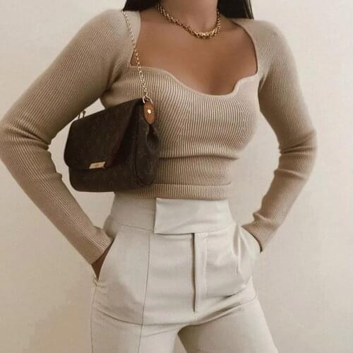 LZYVOO Autumn Long Sleeve Top Solid Color Woman Sweater Peach Heart-Neck Tight Fitting Short Pit Knitted Sweater Top