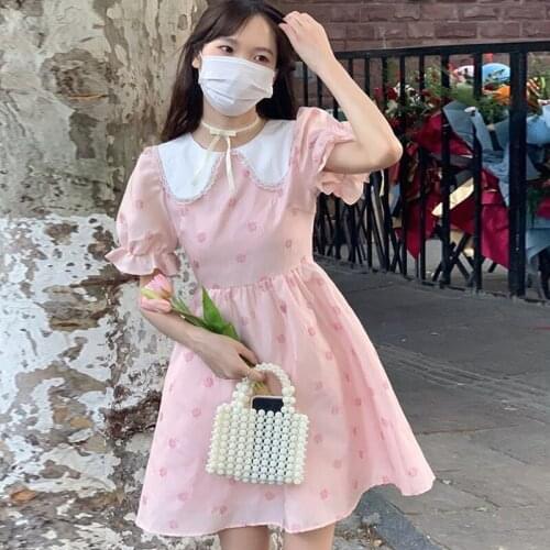Sweet Korean Elegant Pink Floral Dress Women Clothing 2021 New Summer Short Sleeve Mini Dress Cute High Waist Casual Dress Lady