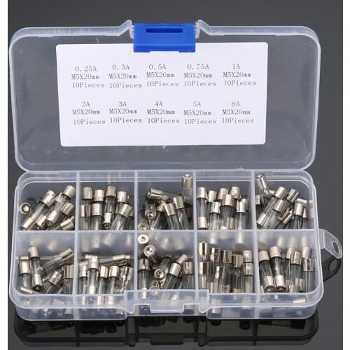 100pcs/box Glass Tube Fuses Set 5x20mm Assorted Quick Blow Glass Tube Fuse Set 0.25 0.3 0.5 0.75 1 2 3 4 5 6A 0.25A-6A 5*20mm