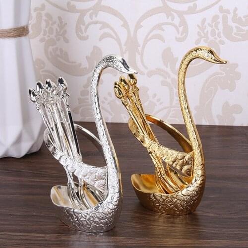Swan Fruit Base Holder Forks Set Stainless Steel Salad Dessert Forks Coffee Spoon Cake Tableware Zero Waste Flatware