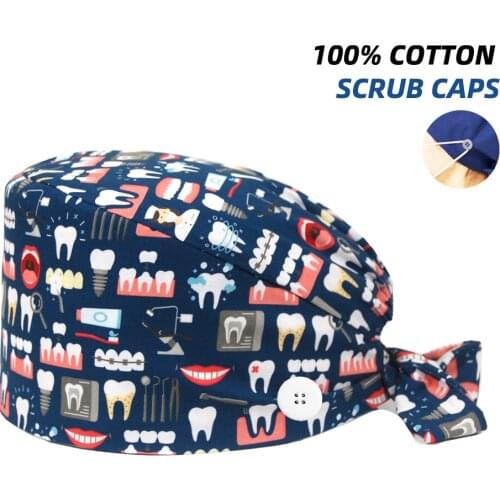 New Teeth Printing Nursing Cap Adjustable Scrub Caps Cotton Working Accessories Dentist Clinic Beauty Salon Surgicals Hat Unisex
