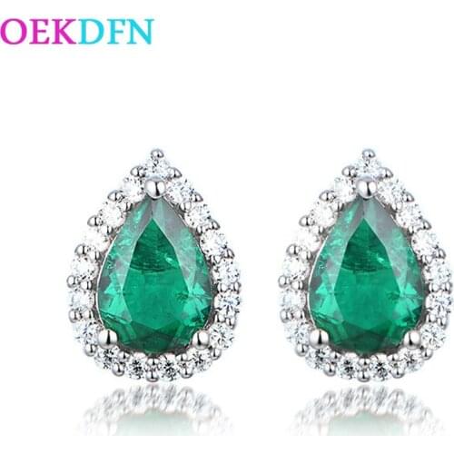 OEKDFN Vintage Real 925 Sterling Silver Stud Earrings Emerald Created Moissanite Diamonds Gemstone Earrings Fine Jewelry