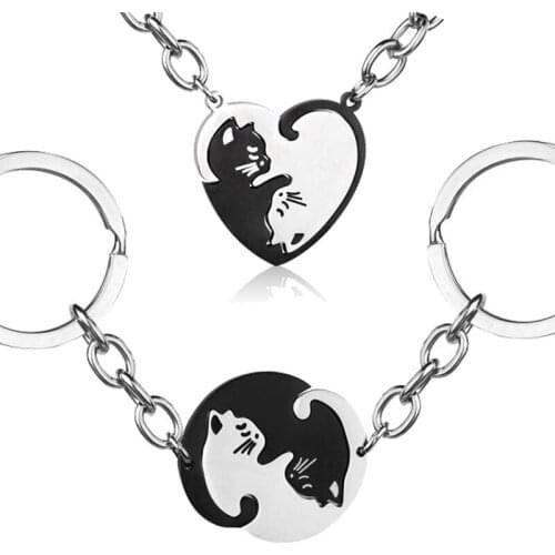 Paired Cute Hug Cat Couple Keychians for lovers Spliced yinyang cat key ring pendant bff Best Friends Keychains Fashion jewelry