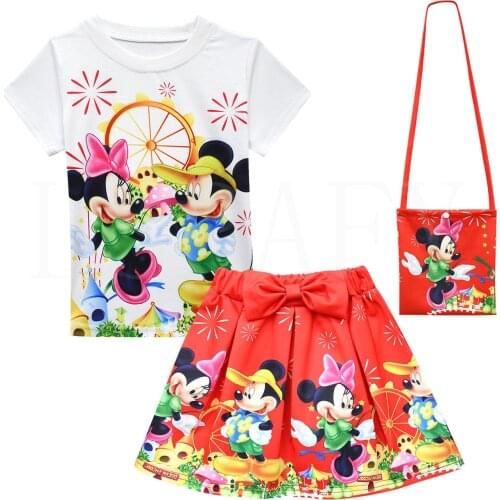 Disney Toddler Summer Clothes Kids Girls Cute Mickey Minnie Mouse Pattern Shirt Top Skirt Set Clothing Casual Baby Girls Set