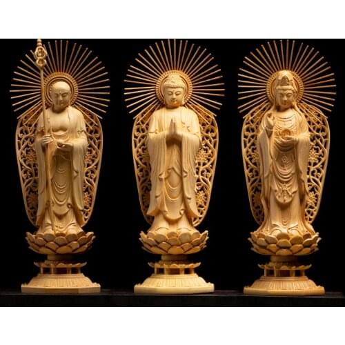 Boxwood 27cm Three Buddha Sculpture wood Carvings Guanyin Shakyamuni Ksitigarbha Statue Home Decor