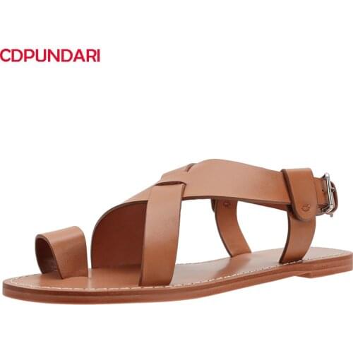 Black Brown Genuine Leather Clip Toe Flat Gladiator Sandals Women Summer Casual Shoes Sandales Femmes 2021 Sandalias Mujer