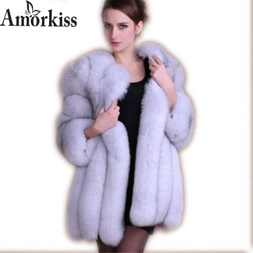 Amorkiss Faux Fox Fur Coat Women Slim Faux Fur Jacket Long Coat Winter Faux Fox Fur Coat Stripe Luxury Fashion 8XL White ，Purple