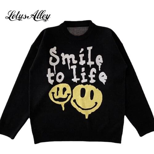 Harajuku Mens Sweater Fashion Oversized Jumper Smiley Print Long Sleeve Streetwear Black Sweaters Vintage Warm Men Women Coats