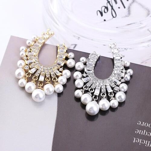 New Half Round Flower Earring White Cubic Zirconia Crystal Dangle Drop Pearl Charms Gold Silver Color Earring for Women brincos