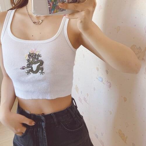Sweet Girls Soft Cotton O Neck Camis 2021 Fashion Ladies High Street Women Dragon Embroidered Tight-fitting Inner Top