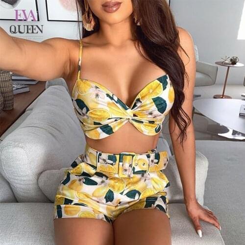 EvaQueen Floral Print Patchwork 2 Piece Sets Women Backless Ruched Soft Casual Shorts Set V Neck Spaghetti Strapsexy Party Suits