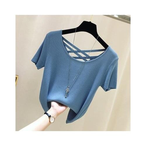 New Korean version O collar Backless Ice silk sweater sweater womens thin pullover 2021 summer Short sleeve sweater