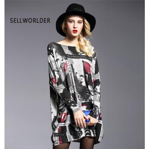 2018 Women Casual Thin Slash Neck Tops Loose Newspaper style Print Batwing Sleeve Big Size Sweater