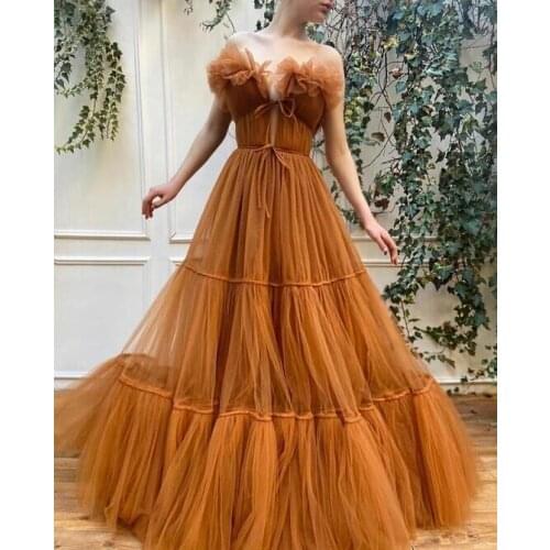 2021 Gingle Long Tulle Strapless Evening Dresses Sleeveless Formal Prom Evening Party Ball Gowns Robe De Soiree