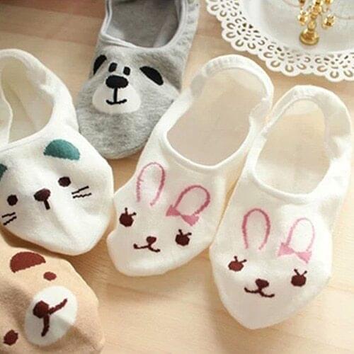 10 Color Women Invisible Cotton Socks No Show Nonslip Loafer Liner Low Cut Cartoon Animal Bears Rabbits Cats Boat Short Feminino