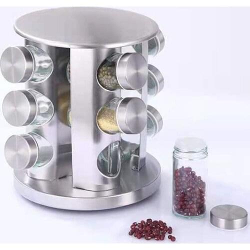 12/16 Pcs Rotating Glass Seasoning Bottles Kitchen Stainless Steel Seasoning Jar Set New Canister Shelf Set Kitchenware