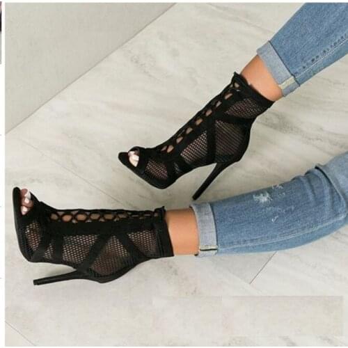2020 Fashion Basic Sandals Boots Women High Heels Pumps Sexy Hollow Out Mesh Lace-Up Cross-tied Boots Party Shoes Party