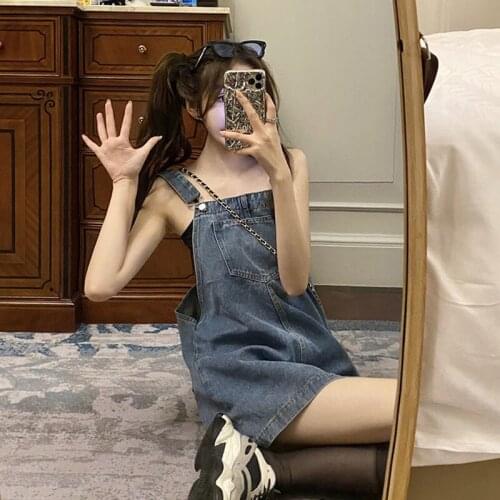 2021 Summer retro high waist loose denim strap dress women short skirt kawaii harajuku dress party Preppy Style Denim skirt