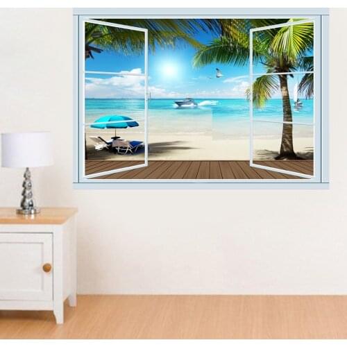 3D Windows Beach scenery Broken wall effect wall stickers for shipping room Wall decals One Piece Posters kids Murals