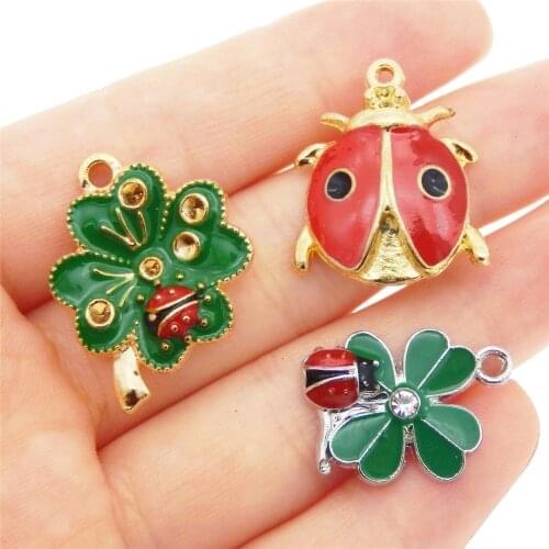 GraceAngie 9pcs Cute Clover ladybug Flower Charms Enamel Necklace Pendant DIY Bracelet Jewelry Keyring Findings Women Gifts