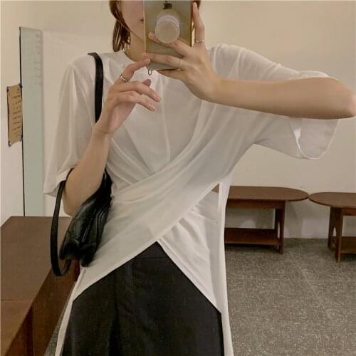 White Slit Design Sense Round Neck Short-sleeved T-shirt Womens Summer New Korean Style Slim Slimming Top