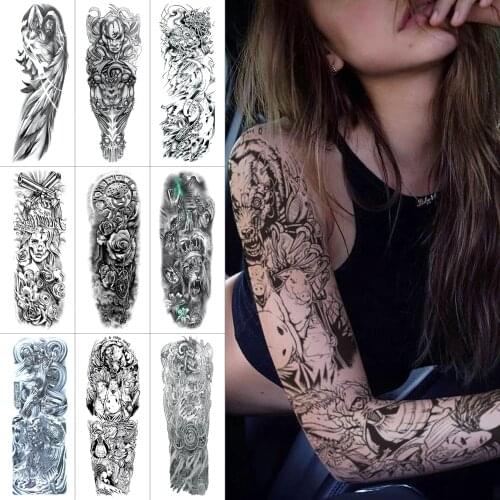 Large waterproof Black ink tattoo stickers for Full arm Demon false light angel Sleeve tattoo Dragon wolf temporary tattoo