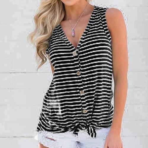 Womens Tops And Blouses Women V Neck Blouse Striped Button Tank Tops Sleeveless Loose Fit Tunic Blouse Blusas Mujer De Moda 2021