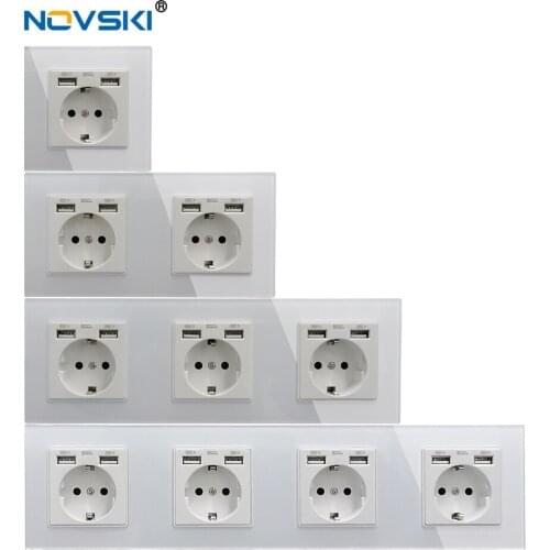 EU Schuko Multi USB Plug Wall Crystal Glass Panel Power Socket Grounded, 16A Quadruple Electrical Socket White, 5 Years Warranty