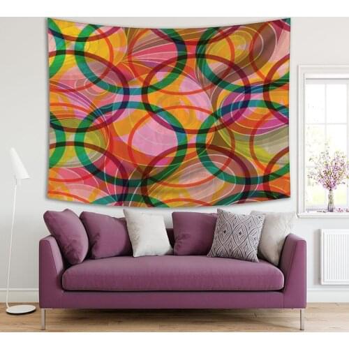 Tapestry Colorful Wavy Lines Circles Abstract Geometric Illustration on Brown Background Red Pink Green