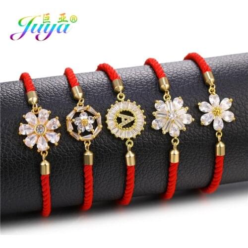Juya Handmade Adjustable Black/Red String Bracelets Supplies AAA Cubic Zirconia Flower Bracelet For Women Fashion Charm Bracelet