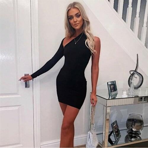Kayotuas Women Dress Elegant Sexy Bandage Ladies Tight Party Club Fashion One Shoulder Long Sleeve Bodycon Mini Sundress