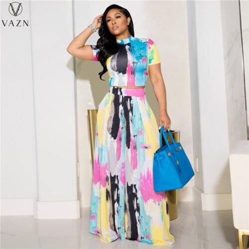 VAZN 2020 Hot Summer Shinny Short Sleeve Long Pant Print Women Casual Set Tracksuit Sexy Suit 2 Piece Set Lady Sets