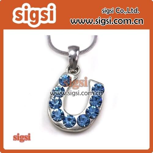 Best selling 2015 factory fashion jewelry silver plated blue rhinestone crystal horseshoe pendant