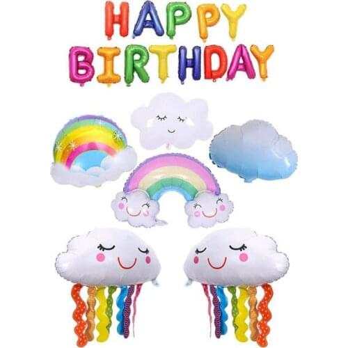 Birthday Party Rainbow Foil Balloon Kit, 18 Pcs Rainbow Cloud and Happy Birthday Banner for Wedding Baby Shower Engagement