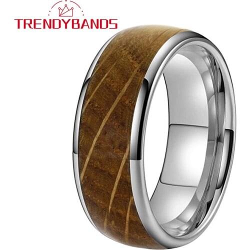8MM Tungsten Engagement Wedding Bands Rings for Men Women Real Whiskey Barrel Oak Wood Inlay Domed Shape Polished Shiny Comfort