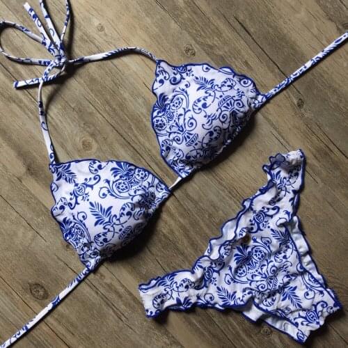 Blue and White Porcelain Bathing Suit Bikinis Swimwear Women Retro Vintage Bikini Set Low Waist Swimsuit Brazilian Biquinis