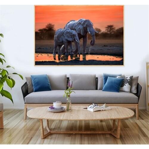 Elephants Wild Animals Canvas Painting Dusk Landscape Scandinavia Posters and Prints Cuadros Wall Art Pictures For Living Room