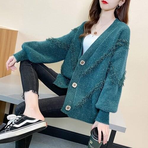 Sweater Cardigan Women 2020 Autumn Winter New V Neck Single Breasted Loose Thicken Sweater Sweet Long Sleeve Knitting Top AA5575