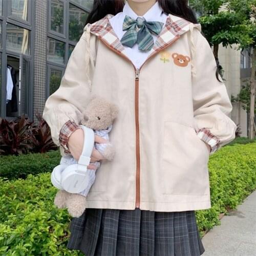 Spring Cute Cartoon Bear Embroidery Plaid Coat For Teen Girl Japanese Vintage Little Fresh Zipper Long Sleeve Women Hooded Coat