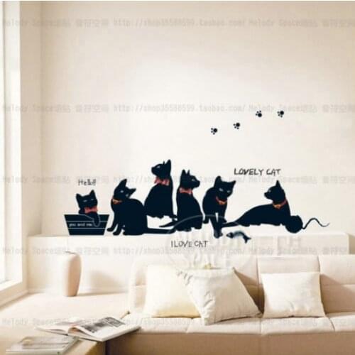 Vinyl Wall Stickers Wallpaper Animal Cartoon Black Cat Family Living Room Sofa Wall Decals House Decoration Poster Home Decor